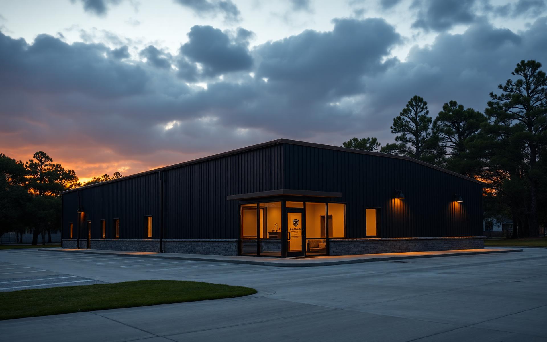 Modern commercial metal building at dusk in southeast Texas